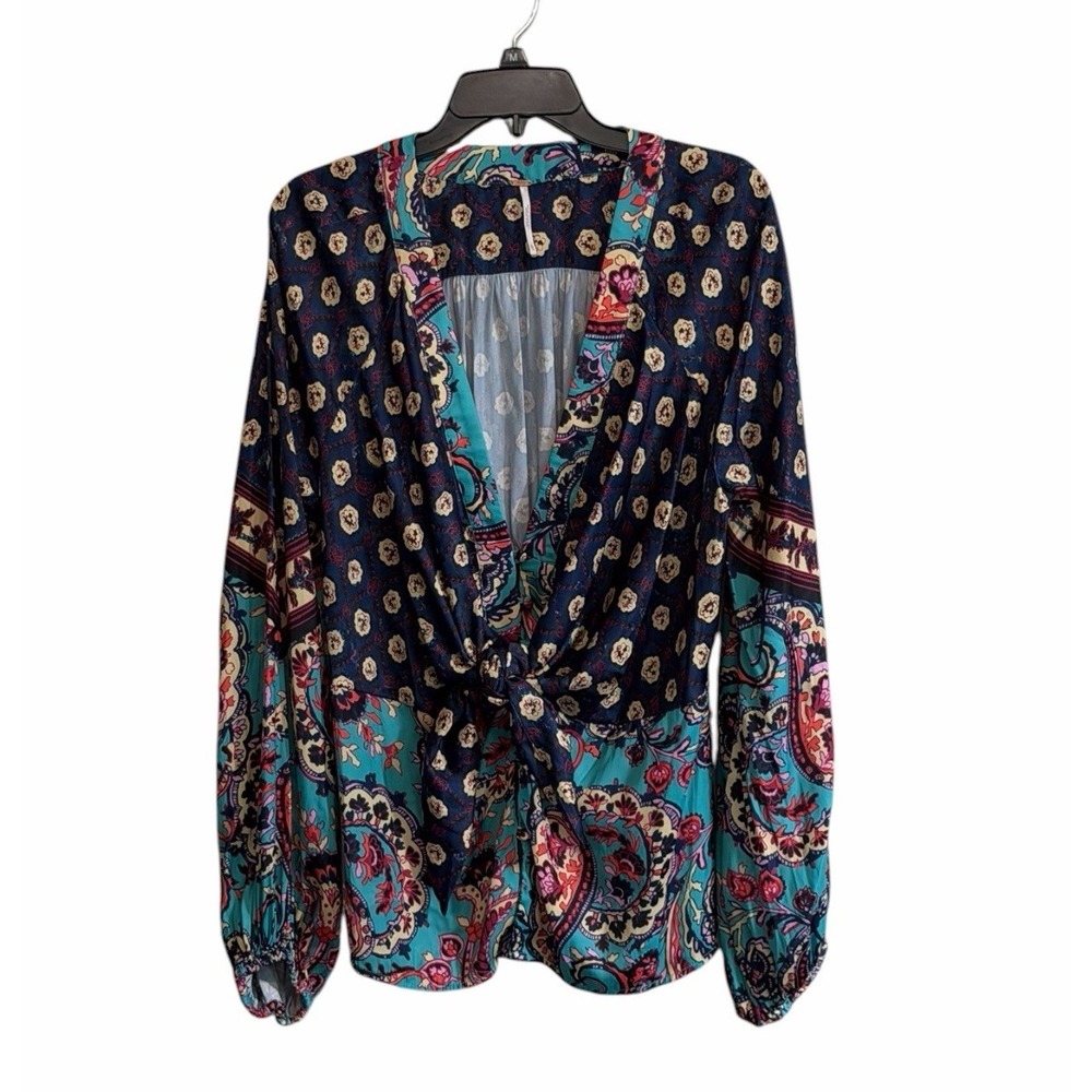 Free People Run Free Boho Tie Front Tunic Top Paisley Balloon Sleeve Festival XL